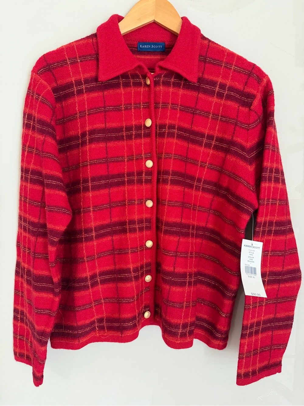 Karen Scott Plaid Button Wool Holiday Cardigan Sweater NWT Red Burgundy Size XL